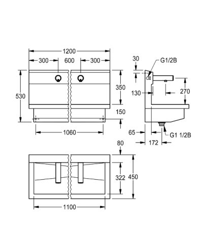 Kwc Planox PL12UEV - 3600004028 Unité de lavage avec 2 robinets muraux électroniques inox