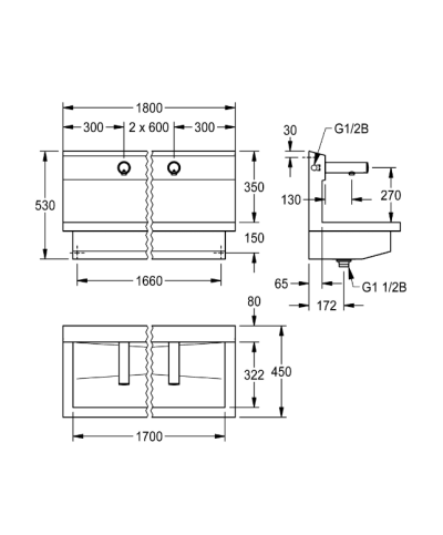 Kwc Planox PL18UEV - 3600004029 Unité de lavage avec 3 robinets muraux électroniques inox
