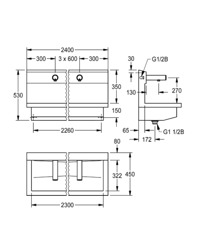 Kwc Planox PL24UEV - 3600004040 Unité de lavage avec 4 robinets muraux électroniques inox