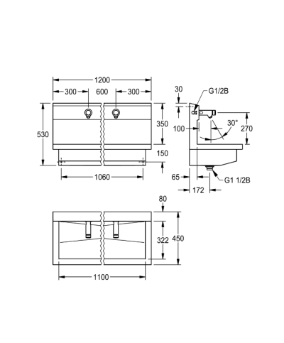 Kwc Planox PL12USV - 3600004024 Unité de lavage avec 2 robinets muraux temporisés inox
