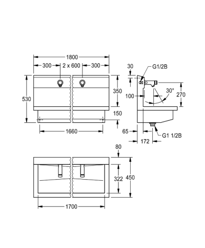 Kwc Planox PL18USV - 3600004025 Unité de lavage avec 3 robinets muraux temporisés inox