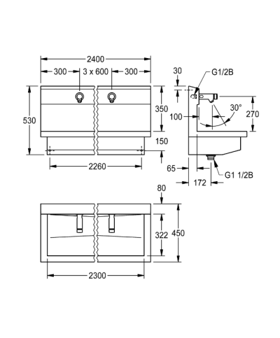 Kwc Planox PL24USV - 3600004026 Unité de lavage avec 4 robinets muraux temporisés inox