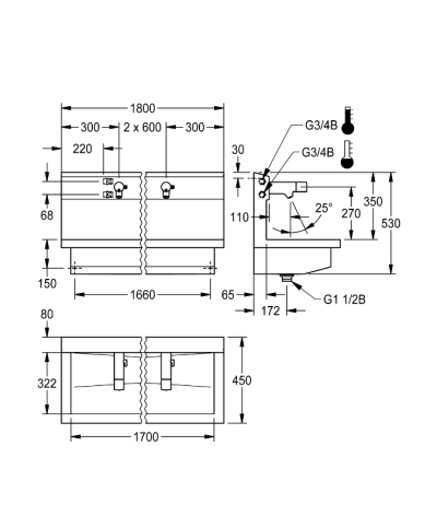 Kwc Planox PL18UEM - 3600004044 Unité de lavage avec 3 robinets électroniques sur batterie inox
