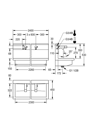 Kwc Planox PL24UEM - 3600004045 Unité de lavage avec 4 robinets électroniques sur batterie inox