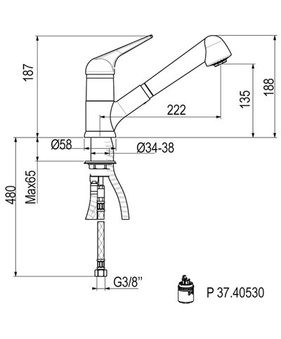 Gattoni 6012365-105519GN mitigeur d'évier à douchette granit noir