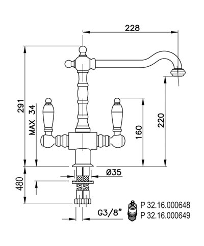 Gattoni 5690RE-371912VA Mélangeur évier à bec + levier blanc vieux cuivre