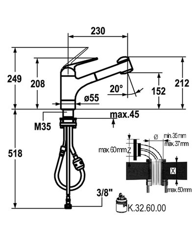 Kwc Domo 10 061 053 000FL - 122726 mitigeur évier spec  fenetre à douchette escamotable chrome