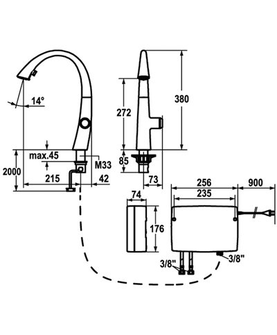 Kwc Zoe 10 201 242 176FL - 124345 Touch light Pro mitigeur évier à douchette + led noir mat