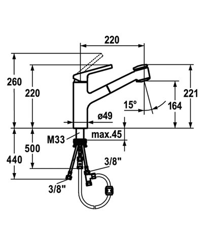 Kwc LunaE 10 445 033 000FL - 125138 mitigeur évier à douchette + Basse Pression Chrome
