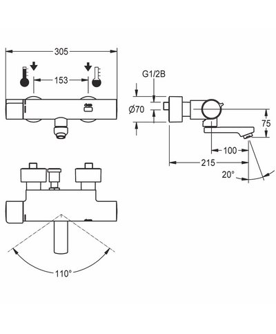 Kwc F5E F5ST1021 - 2030039539 mitigeur thermo mural électronique + bec 275 mm + Alimentation séparée + unité de désinfection pré