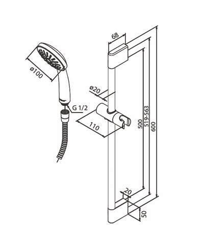 Damixa 765133000 Glissiere 600mm + douchette 1J chrome