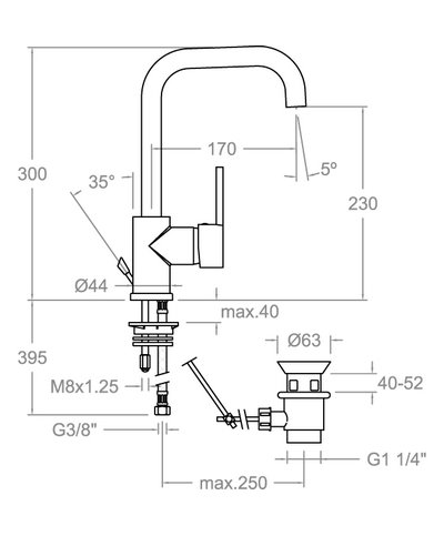 Ramon Soler Drako 331102VA1167-33A301604 mitigeur lavabo bec arrondi mobile + vidage chrome
