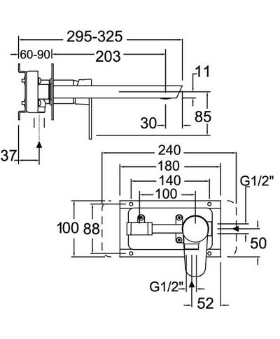 Ramon Soler Alexia 3620-36A300588 mitigeur lavabo à encastrer + plaque + bec 190 mm chrome