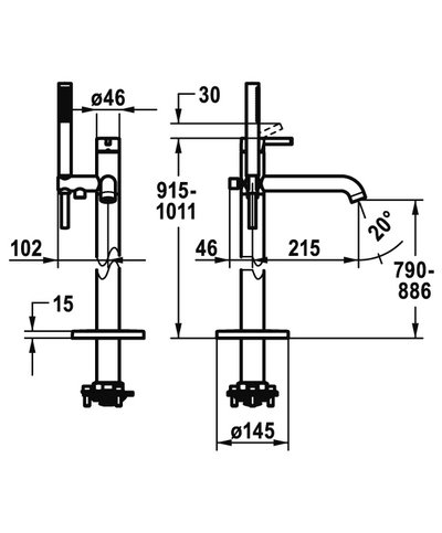 Kwc Bevo 20.421.093.000 - 124791 mitigeur bain-douche au sol + set douche chrome