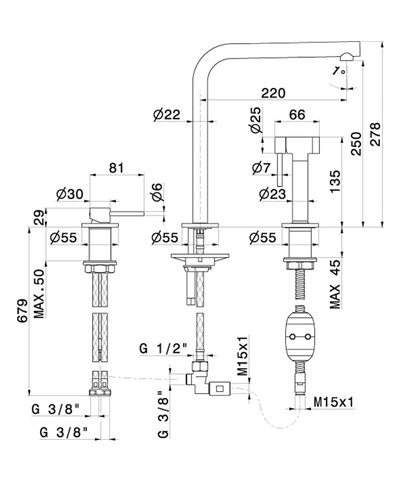 Newform N21 71731 59 098 mitigeur évier à douchette + 3 trous PVD Brushed pale gold